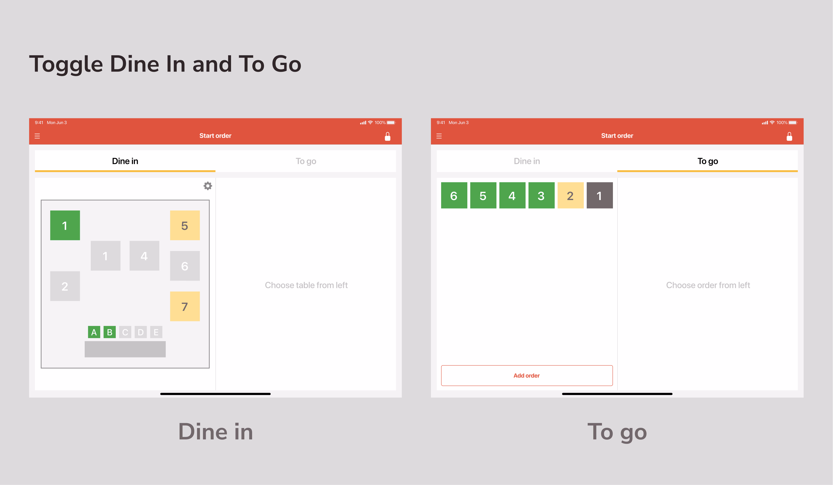 Toggle dine-in and to go
